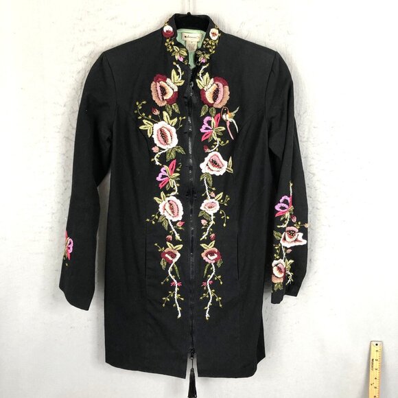 Elevenses Anthropologie Jacket Womens 2 Black Embroidery Floral Boho Artsy - Picture 1 of 16